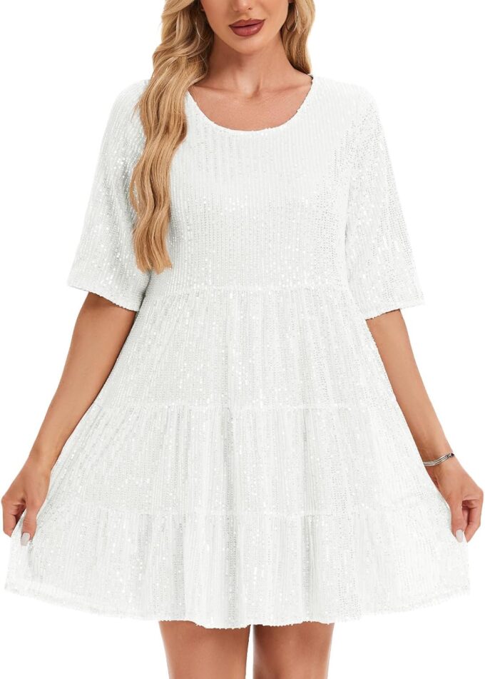 MINTLIMIT Women Sequin Dress Sexy Sparkly Glitter Minidress Pleated Night Out Party Disco Casual Tunic Cute Short Dresses