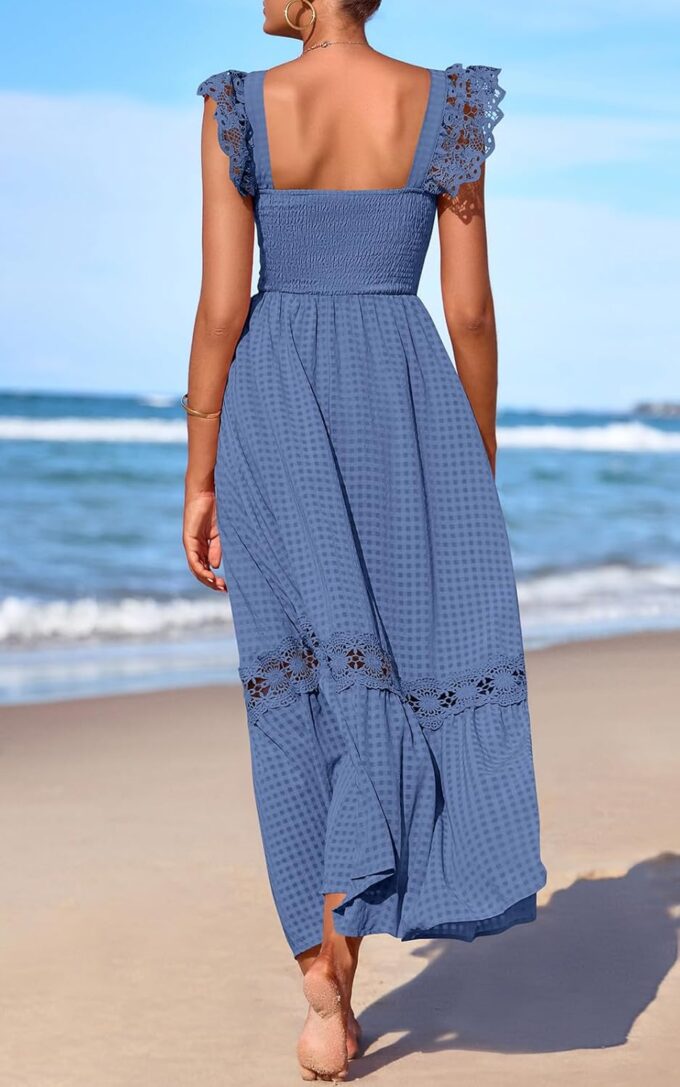 PRETTYGARDEN Women's Smocked Summer Maxi Dresses 2025 Ruffle Cap Sleeve Square Neck Lace Detail Flowy Sundress with Pockets – Bild 5