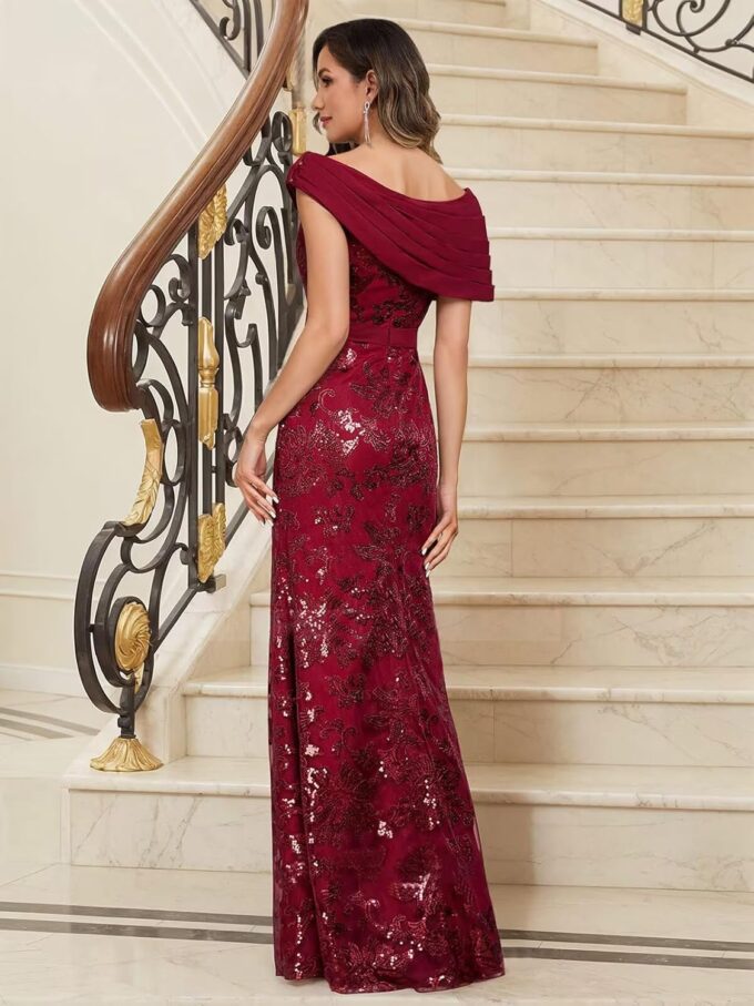 VCCICANY Sequin Mermaid Mother of The Bride Dresses for Women Chiffon Off Shoulder Ruched Long Formal Evening Gowns – Bild 2