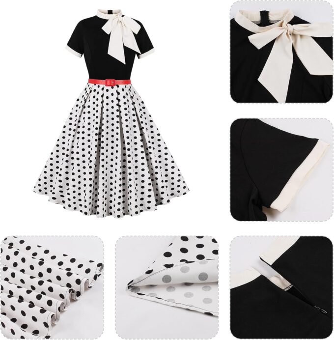 50s Style Dresses for Women Vintage Short Sleeve Tie Neck Swing Dress Midi Prom Dress with Belt – Bild 3