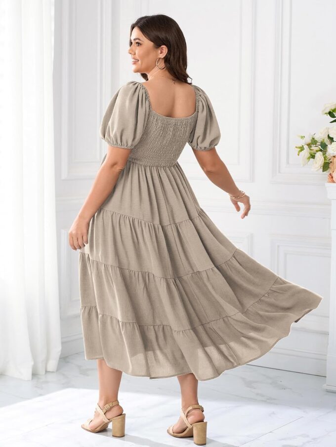 Womens Plus Size Casual Dress Short Puff Sleeve Square Neck Smocked Tiered Summer A Line Flowy Long Maxi Dresses – Bild 5