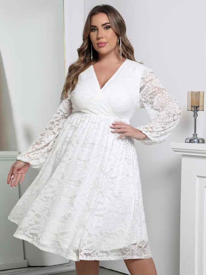 Womens Plus Size Lace Midi Dress V Neck Wrap Long Sleeve Flowy A line Cocktail Dresses for Wedding Guest – Bild 7