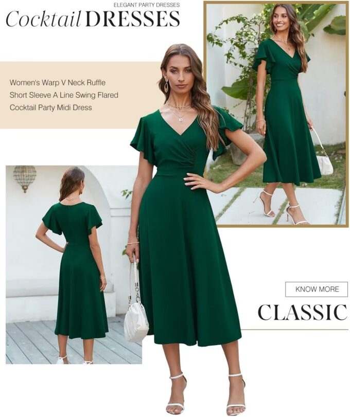 Dokotoo Women's V Neck Elegant Party Dress Short Sleeve Skater Dress Wedding Guest Dresses – Bild 3