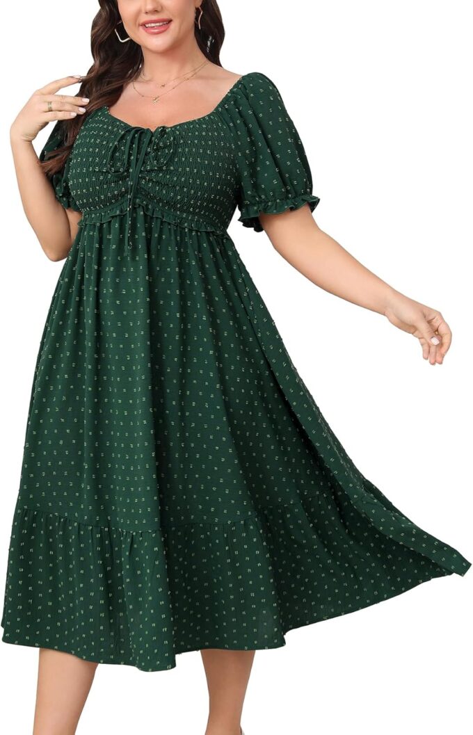 SCOMCHIC Women Plus Size Summer Dress Puff Short Sleeve Smocked Drawstring Ruffle Boho Swiss Dot Casual Midi Dresses