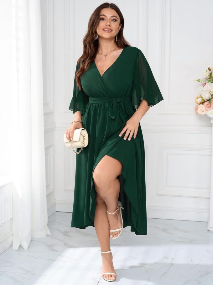Womens Plus Size Wedding Guest Cocktail Dress Wrap V Neck Flutter Sleeve High Low Hem A-Line Midi Dresses – Bild 3