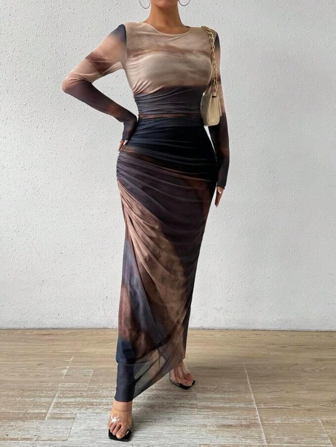Women's Printed Bodycon Maxi Dress Long Sleeve Tie Dye Mesh Layered Dress – Bild 6
