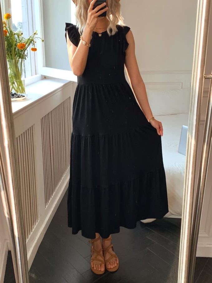 Women's Summer Sleeveless Maxi Dress Ruffle Sleeve Crewneck Tiered Flowy Pleated Casual A Line Sundress with Pockets – Bild 2