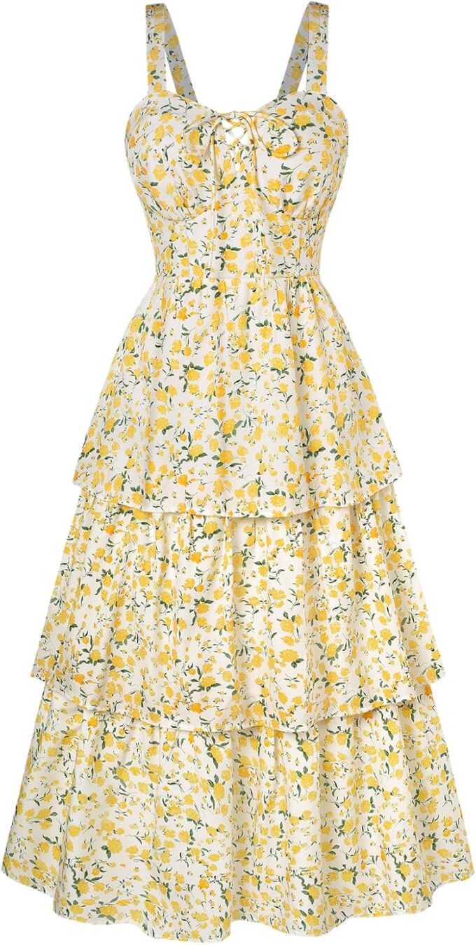 Scarlet Darkness Women's Floral Maxi Dress Summer Wedding Guest Dress Tiered Sleeveless Lace Up Corset Sundress