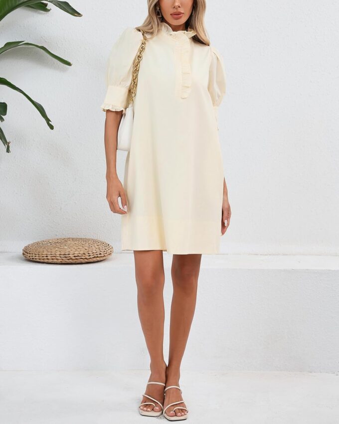 Women's Puff Short Sleeve Stand Ruffle Collar Summer Dress Casual A Line Shift Mini Dress with Pockets – Bild 2