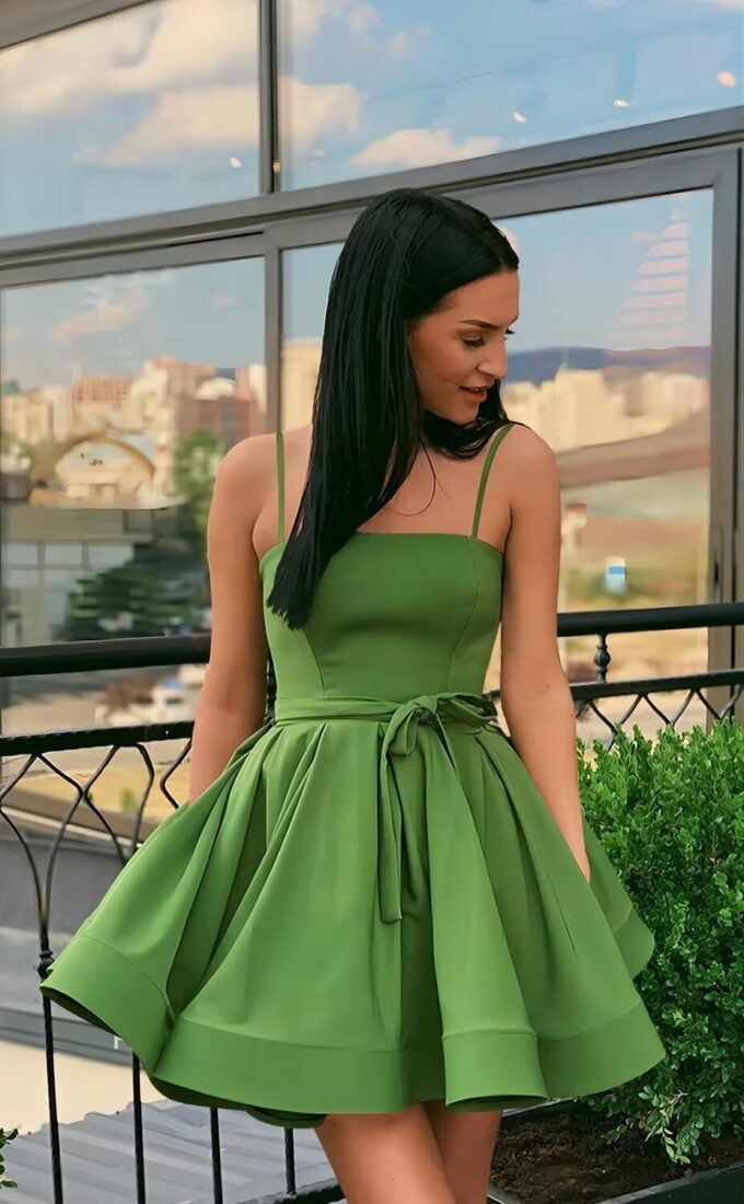 Spaghetti Straps Homecoming Dresses 2025 Short Satin Cocktail Dress A Line Mini Puffy Prom Gown with Pockets – Bild 3