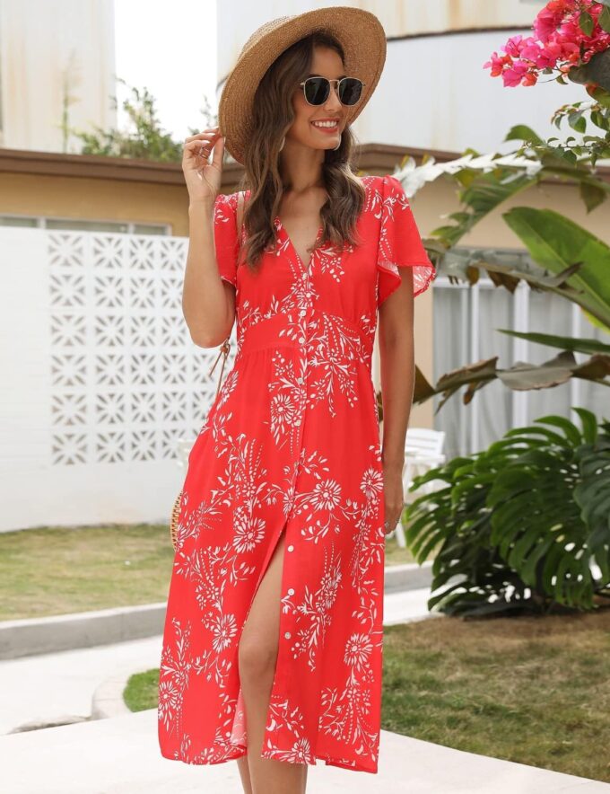 ROYLAMP Women's Floral Button Up Split Dress Deep V Short Bell Sleeve Casual Midi Dress with Pockets – Bild 4