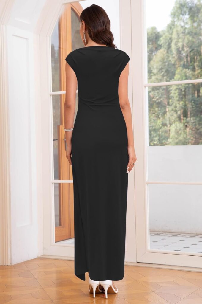 Women's 2025 Summer Ruched Bodycon Maxi Dress Casual Mock Neck Cap Sleeve Elegant Wedding Guest Cocktail Party Dresses – Bild 3