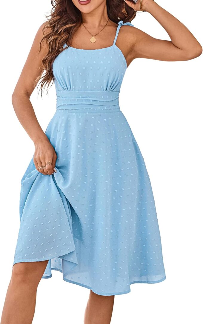 Belle Poque Women 2025 Summer Sundress Spaghetti Strap Swiss Dots A-line Midi Dresses with Pockets