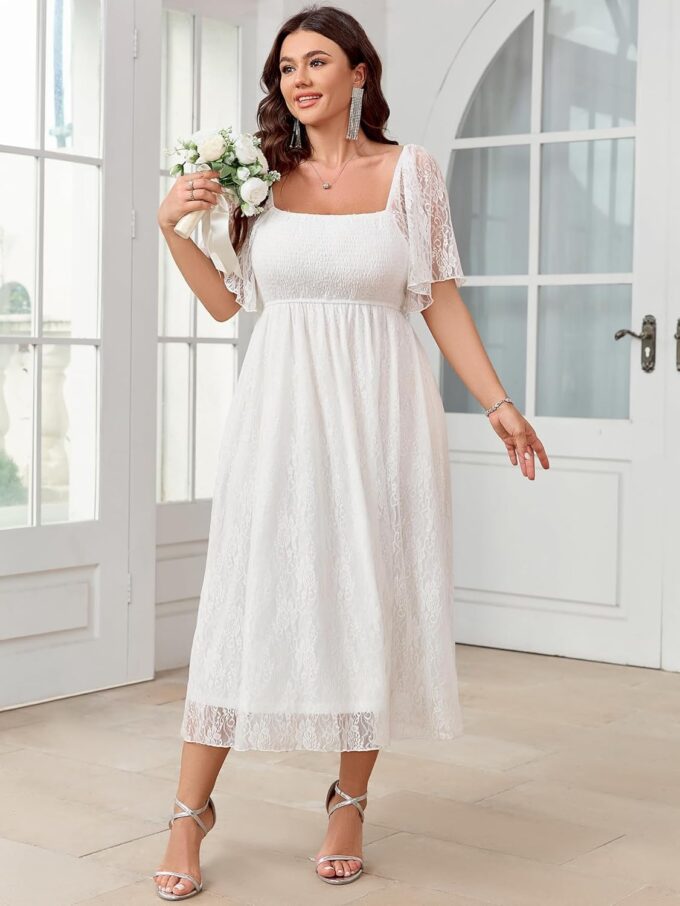 SCOMCHIC Women's Plus Size Wedding Guest Dress Formal Lace Square Neck Short Sleeve Smocked Flowy Cocktail Maxi Dresses – Bild 6