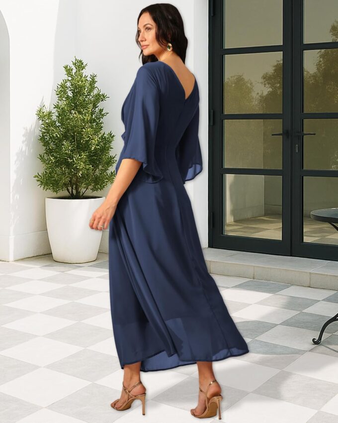 Women's Formal Cocktail Wedding Guest V Neck Long Chiffon Maxi Dresses A-Line 3/4 Sleeve Elegant Bridesmaids Dress – Bild 3
