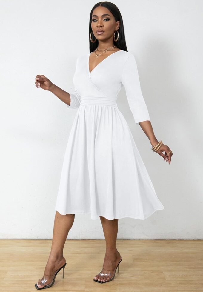 Nmoder Women's Wrap Dress Cocktail Church Wedding Midi Dress A-Line V Neck 3/4 Sleeve Casual Dresses with Pockets – Bild 2
