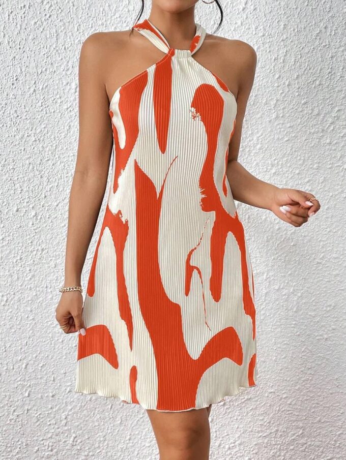 Women's Summer Dress Printed Halter Neck Mini Casual Pleated Sundress Party Date Outfit – Bild 3