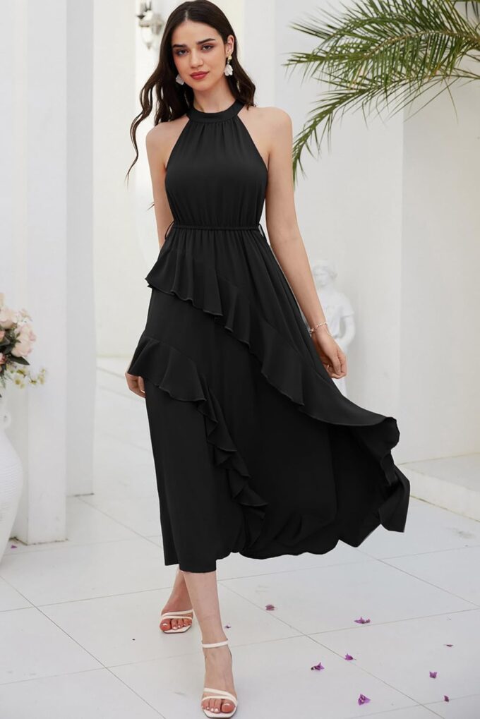 GRACE KARIN Women's 2024 Summer Sleeveless Halter Neck Ruffle Hem Split Flowy Swing Long Midi Dress with Belt – Bild 4