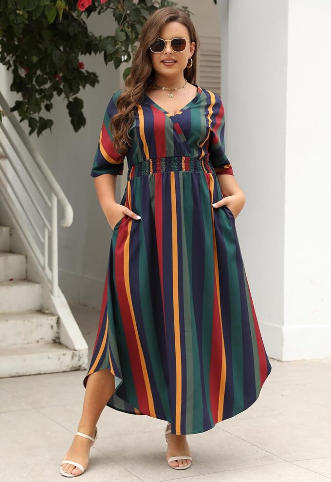 Nemidor Womens Casual Plus Size Boho Print V Neck Flared Maxi Dress with Pocket NEM403 – Bild 3