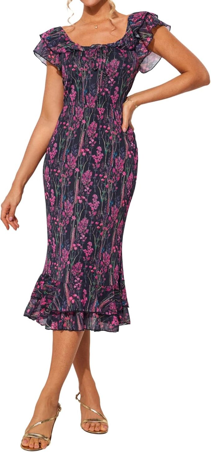 GRACE KARIN Women's Summer Floral Midi Dress Wedding Guest Party Dress Mermaid Bodycon Mesh Ruffle Dress
