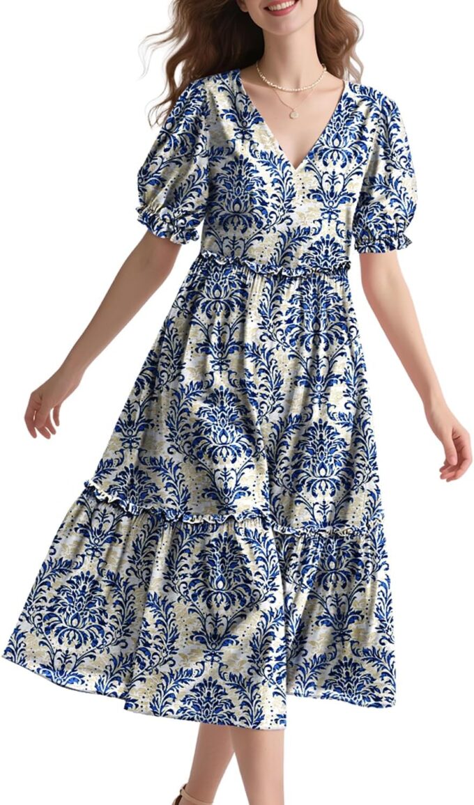 YESNO Summer Floral Midi Dresses for Women V Neck Puff Short Sleeve Frill Trim Dress with Pockets EVX