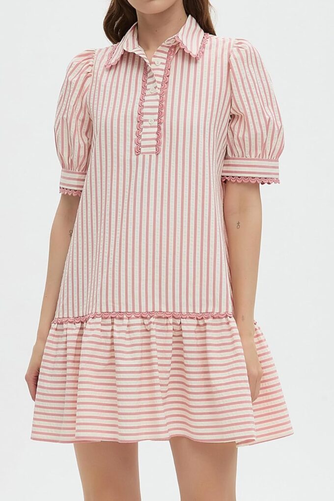 Striped Dress for Women Collared Short Puff Sleeve Ruffle Hem Summer Tunic Flowy Shirt Mini Dress – Bild 4