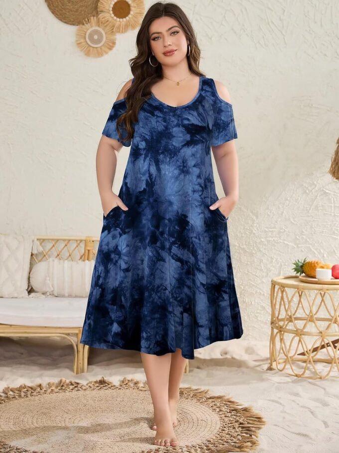 LARACE Plus Size Women Dress for Summer, Midi Women's Sundress, Casual V-Neck Short Sleeve Flowy T-Shirt Dresses with Pockets – Bild 5
