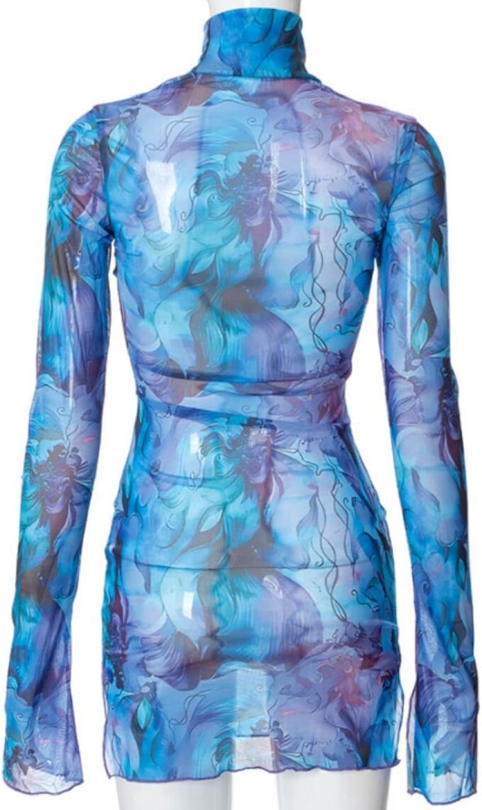 Women’s Floral Tie Dye Sheer Mesh Mini Dress Sexy Mock Neck Split Bodycon Flared Long Sleeve Beach Party Dress – Bild 3