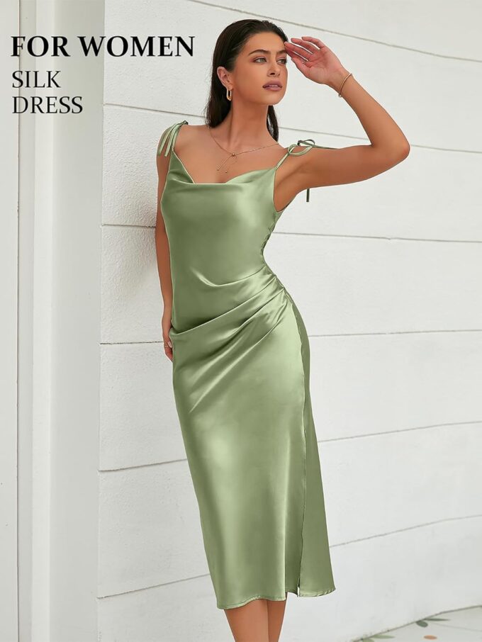 Women's Spaghetti Strap Midi Satin Slik Dress Cowl Neck Elegant Long Slip Ruched Evening Dress Party Cocktail – Bild 4