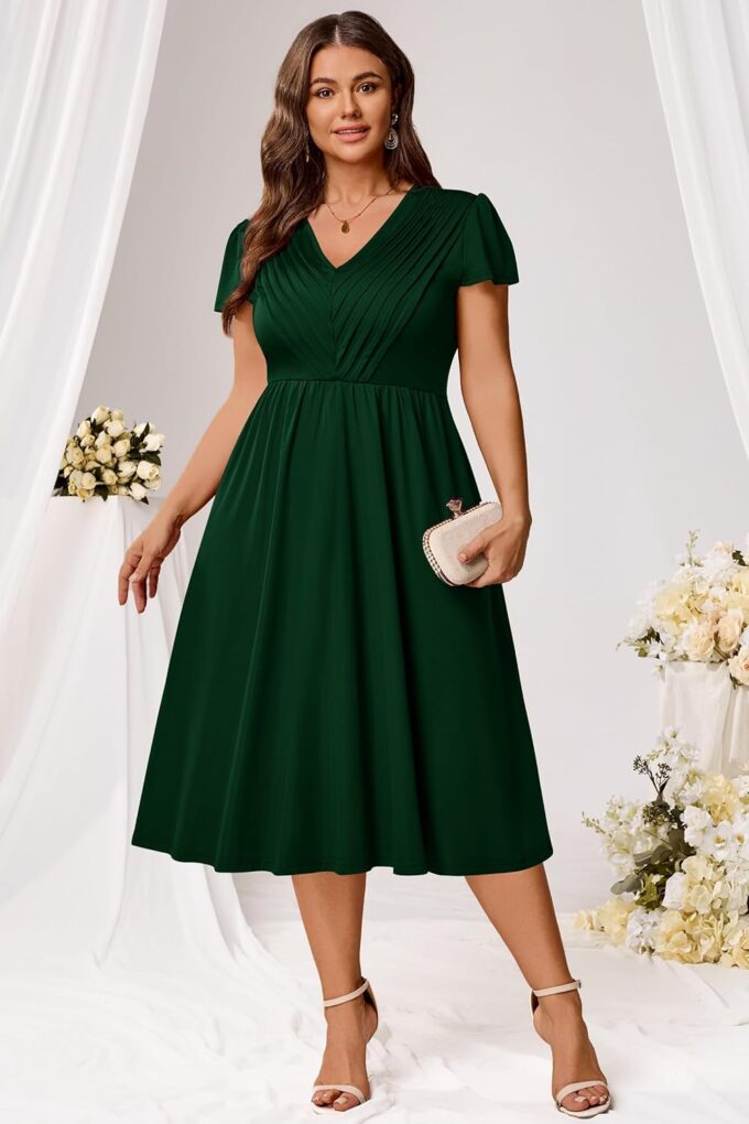 Nmoder Women Plus Size Dress Short Sleeve A-Line Summer Midi Dress Pleated V Neck Church Cocktail Semi Formal Dress – Bild 3