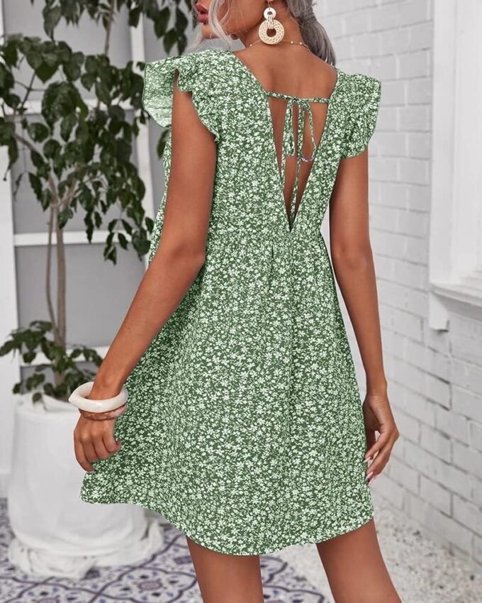 Women Boho Floral Summer Dresses Casual Backless V Neck Mini Dress Ruffle Beach Sundress – Bild 4