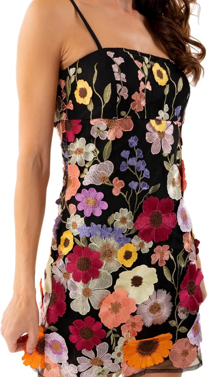 Women Floral Spaghetti Strap Mini Dress Summer 3D Flower Embroidery Sleeveless Backless Short Dress Nightclub – Bild 3