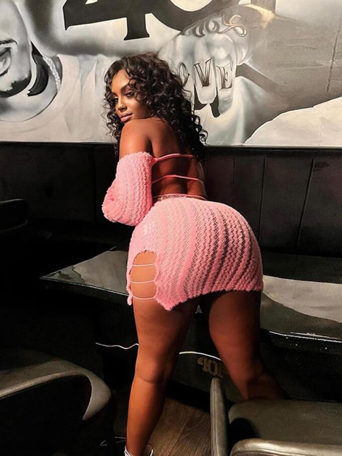 Sexy Off Shoulder Fuzzy Y2K Mini Dress for Women Strappy Backless Long Sleeve Party Club Birthday Dresses Date Night – Bild 4