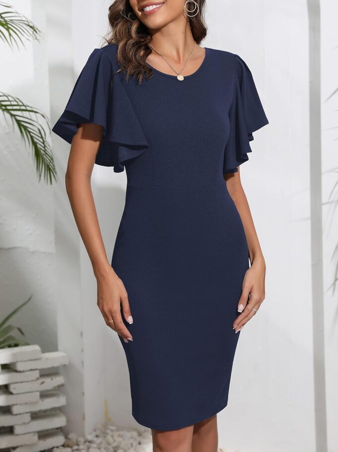 YATHON Women's Bodycon Flutter Sleeve Summer Dress Vintage Round Neck V-Back Sheath Slim Fit Cocktail Party Dresses – Bild 4
