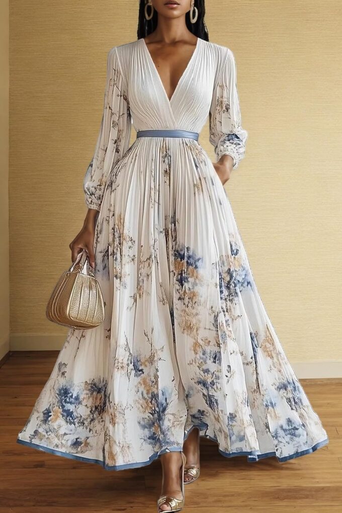 Women's Floral Printed Pleated Dress Sexy V Neck Long Sleeve Flowy A Line Party Maxi Dresses with Belt – Bild 2