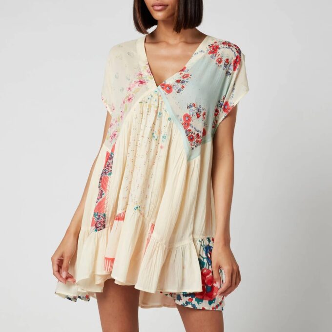 Women Bohemian Floral Mini Dress Y2K Babydoll V Neck Short Dress Loose Fit Patchwork Dress Beach – Bild 5