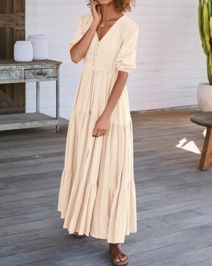 BTFBM Women Summer Dresses Short Sleeves V Neck Button Drawstring Maxi Dresses Solid Color Boho Long Dresses – Bild 5