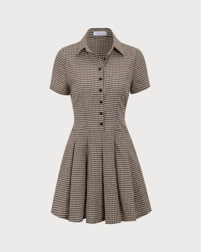 Damen Minikleid mit kurzen Ärmeln, braunes Buttom Up, kariert, Revers, plissiert, Arbeit, Büro, Passform und ausgestelltes Minikleid – Bild 5