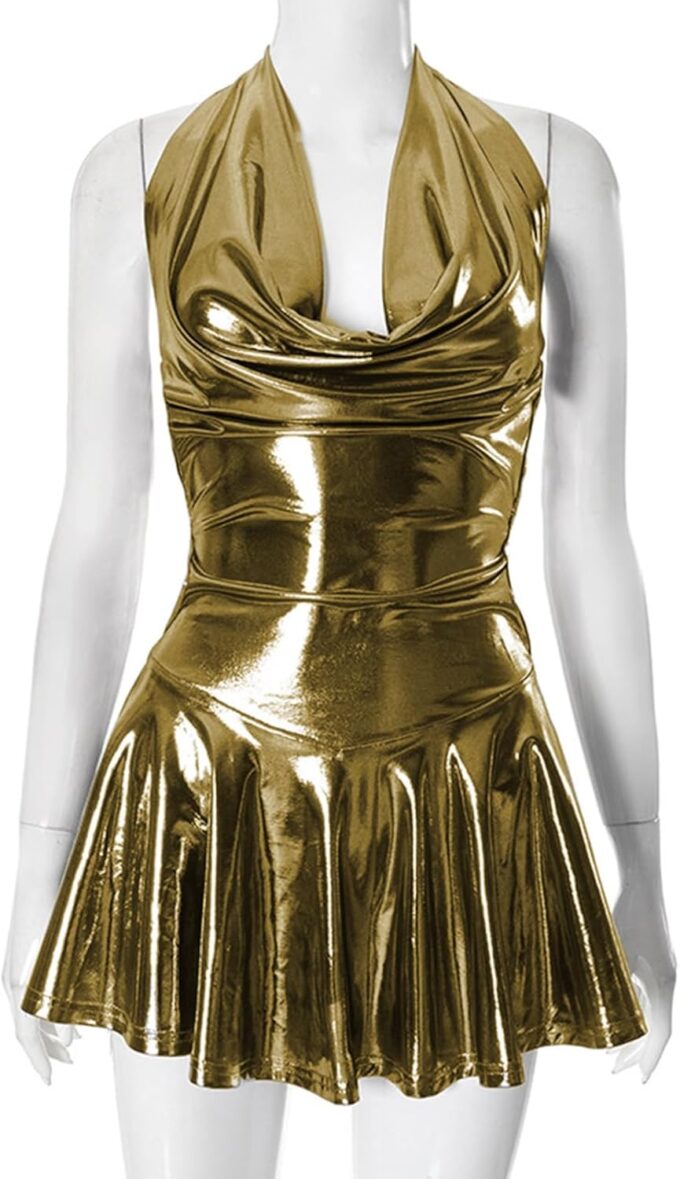 Molisry Women's 2025 Satin Halter Dress Sexy Shining Open Back Bodycon Ruffle Pleated Mini Dress Club Party – Bild 4