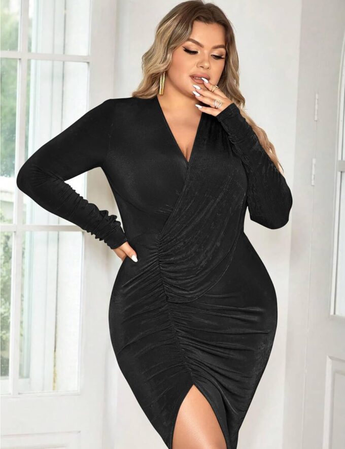 YMDUCH Women's Elegant Deep V Neck Long Sleeve Ruched Bodycon Split Party Maxi Dress – Bild 5