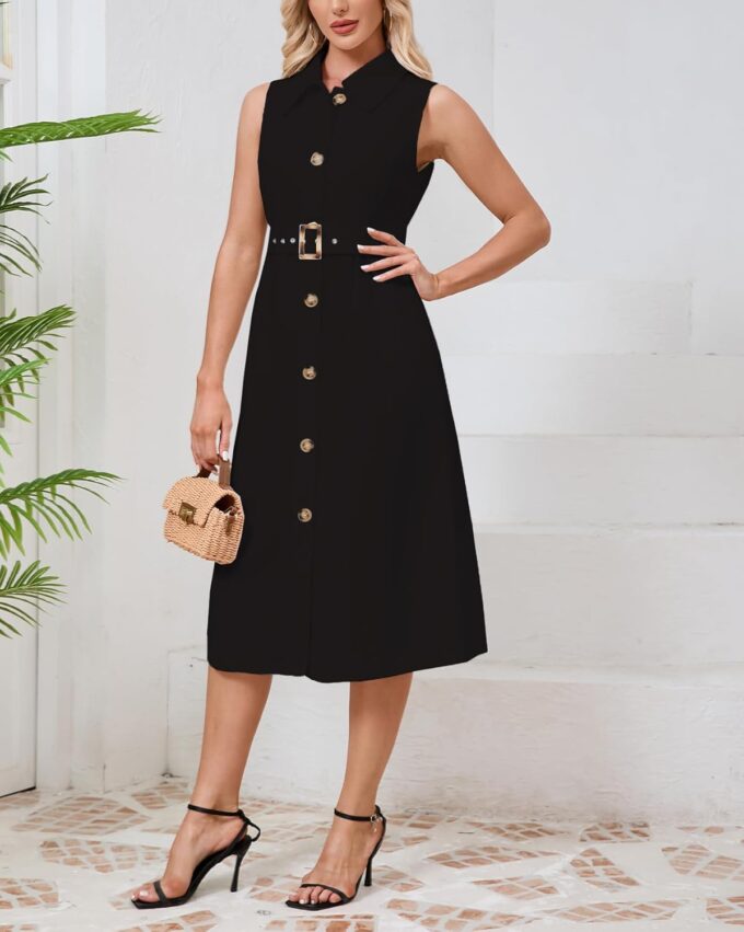 Women's Button Down Shirt Dress Sleeveless Collared A-line Maxi Dress with Belt – Bild 3