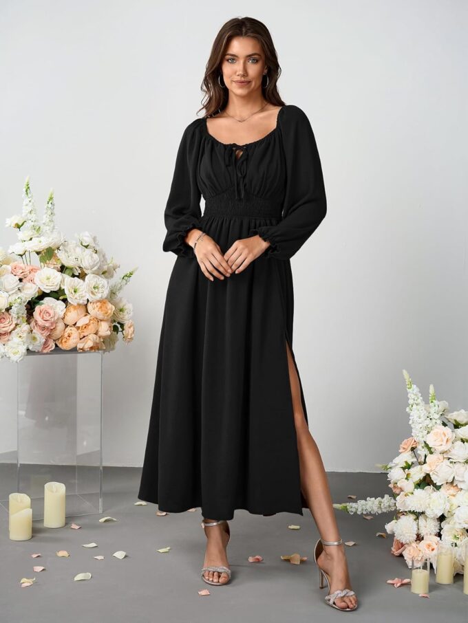 Women's Plus Size Dress Long Sleeve Smocked Dress Square Neck Tie Front Split A-Line Maxi Long Dresses – Bild 3