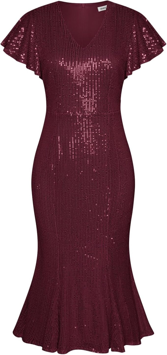 GRACE KARIN Women’s Formal Sequin Dress Cap Sleeve Elegant Mermaid Dress Glitter Sparkly Cocktail Party Dress with Belt