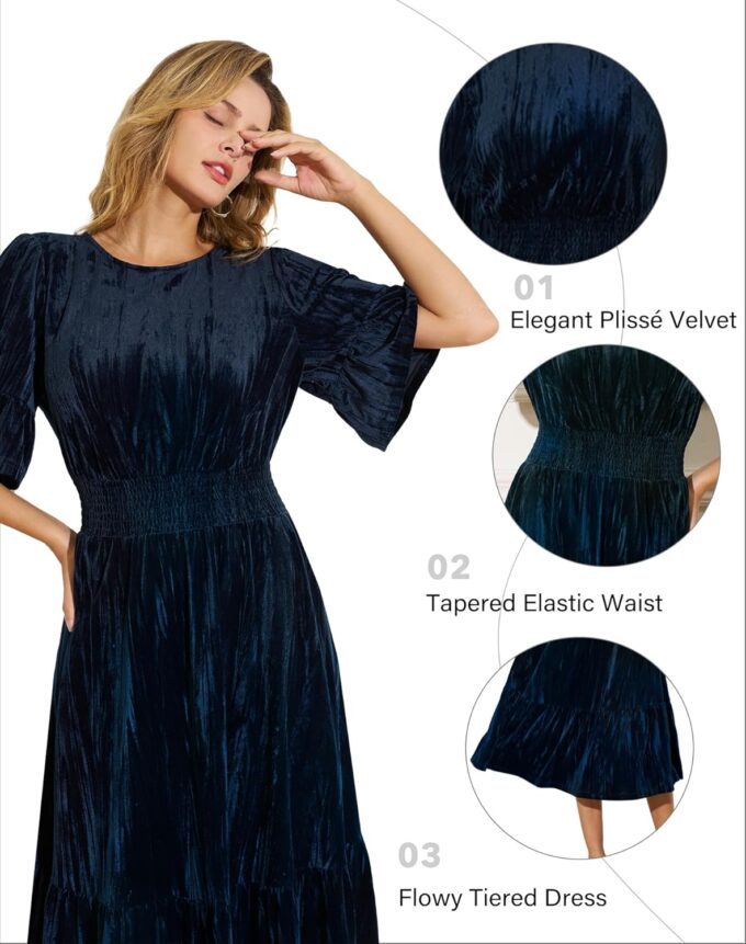 Women's Tiered Velvet Midi Dress Fall Winter Smocked High Waist Dress with Pockets Cocktail Evening Party Formal Dress – Bild 5