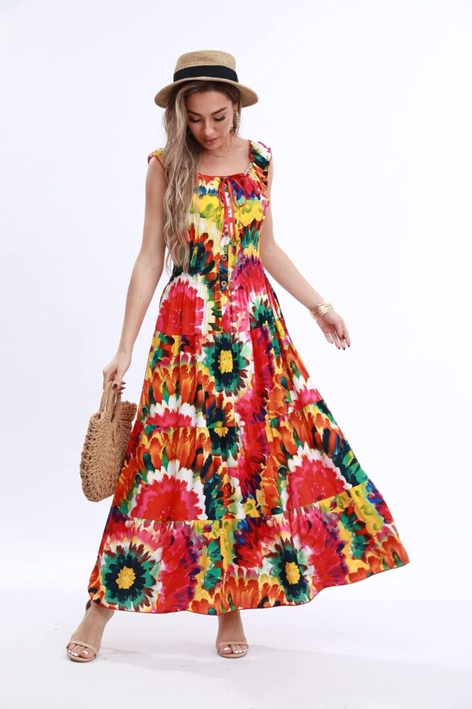 OSTOO Women's 2024 Summer Sleeve Boho Floral Print Casual Loose Flowy Maxi Dress – Bild 5