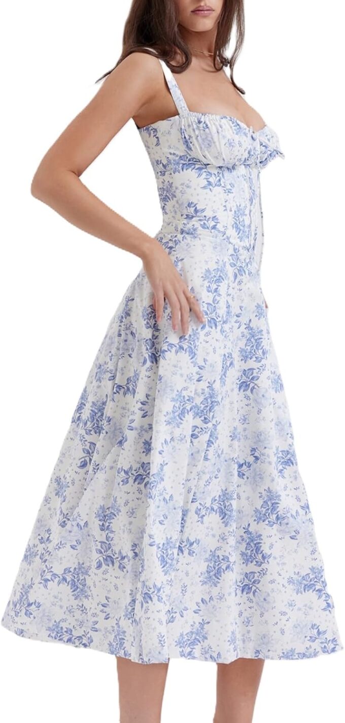 Women's Corset Dresses Floral Print Boho Flowy Slit Dress Midi Beach Casual Sundress Vacation Outfits – Bild 2