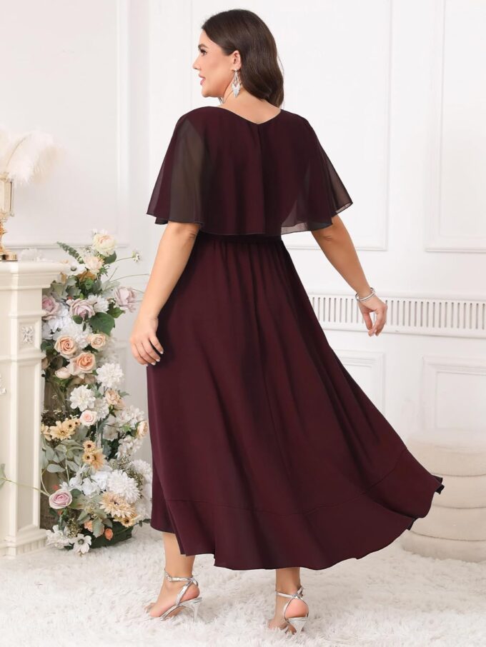 Women Plus Size Long Formal Dress Short Sleeve Chiffon Ruffle V Neck High Low Split Wedding Guest Maxi Dresses – Bild 3