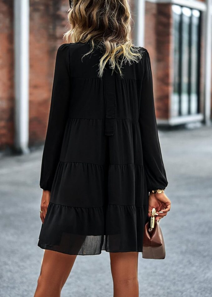 KIRUNDO Long Sleeve Baby Doll Dresses Women 2025 Casual Summer Fall Ruffle Mock Neck Tiered Mini Flowy Swing Shift Dress – Bild 5