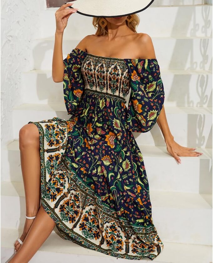 Women's Long Maxi Dress Sexy Off Shoulder Floral Dress Ruffle Short Sleeve Smocked Flowy A Line Boho Dress – Bild 6