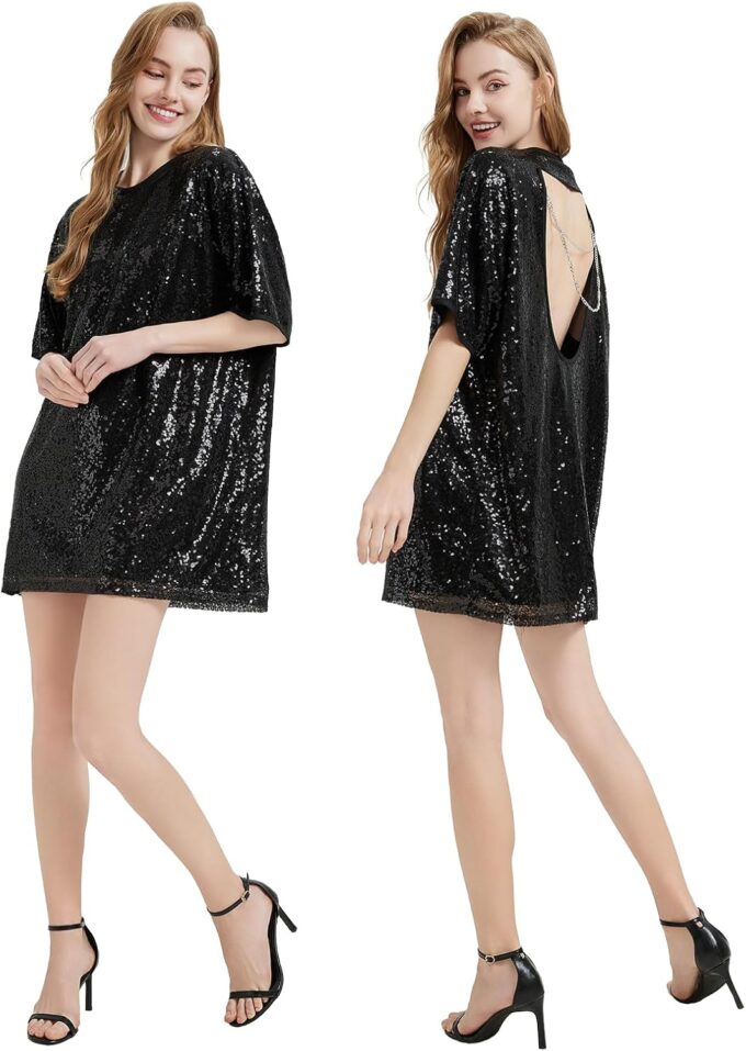 Sequin T-Shirt Dress Sparkly Short Sleeve Party Club Dress Women Sexy Casual Shinny Backless Shirt Dresses – Bild 6